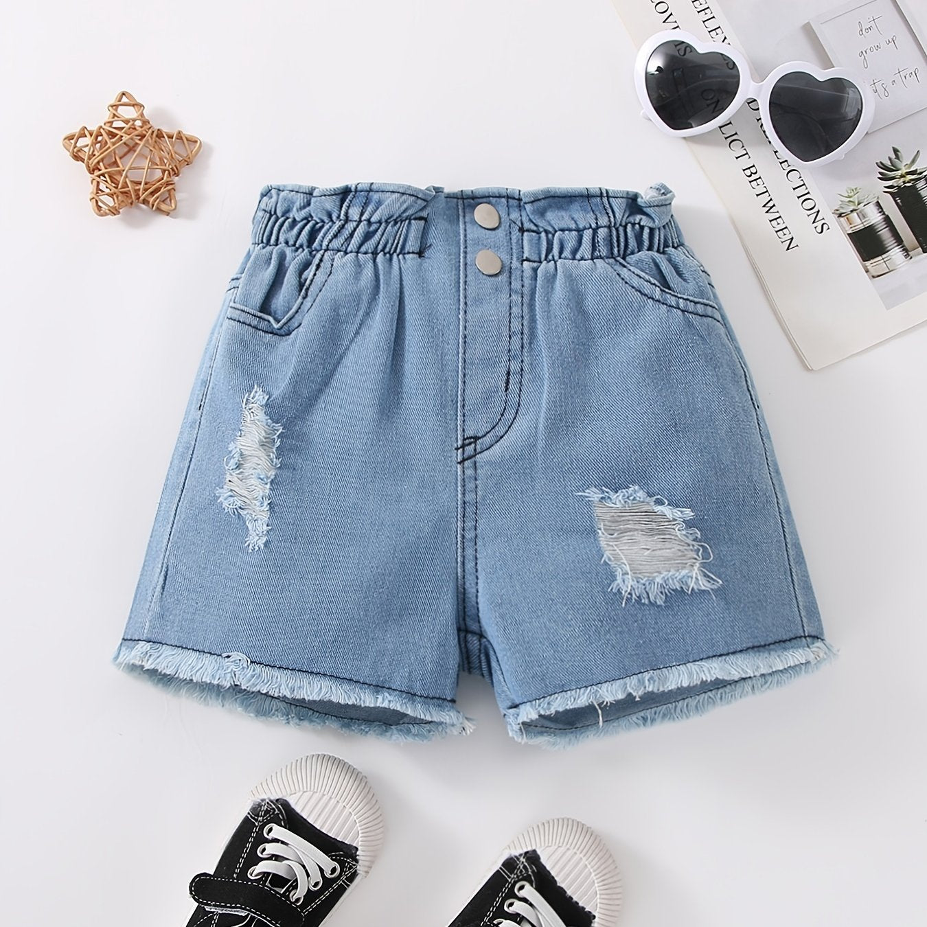 Girls Ripped Denim Shorts with Elastic Waist for Spring/Summer