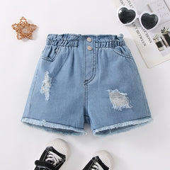 Girls Ripped Denim Shorts with Elastic Waist for Spring/Summer