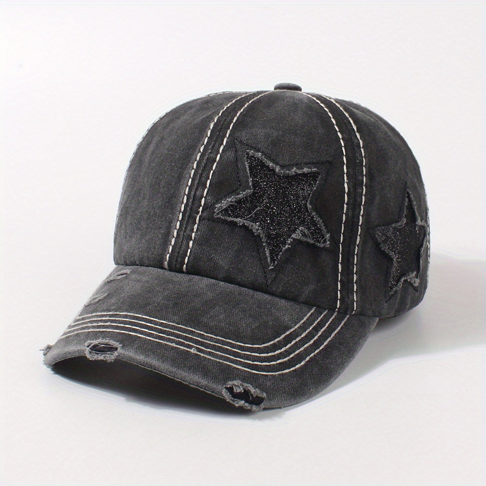 Glitter Star Ripped Baseball Cap Ponytail Washed Distressed Dad Hat