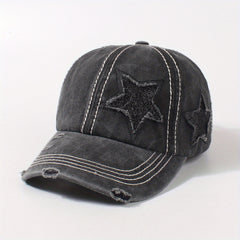 Glitter Star Ripped Baseball Cap Ponytail Washed Distressed Dad Hat