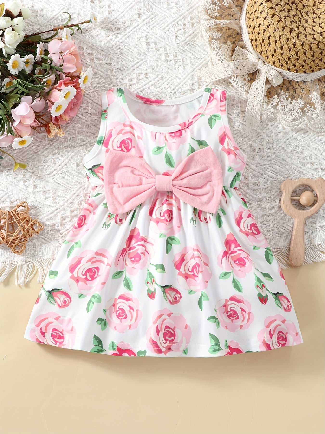 Baby Girls Casual Rose Print Sleeveless Dress Summer