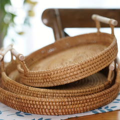 Rustic Hand Woven Rattan Serving Tray with Handles
