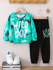 Boy's Tie Dye WILD BOY Print 2pcs Sweatshirt & Sweatpants Set