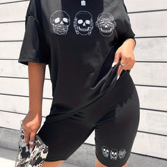 Skull Print Two piece Set Short Sleeve T shirt & Skinny Shorts