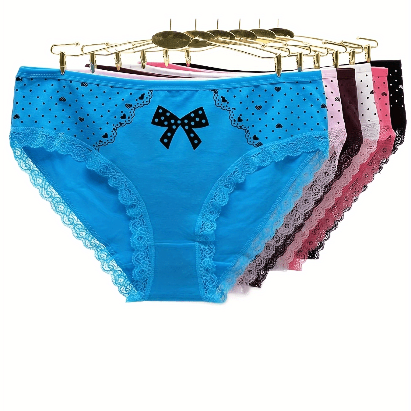 6pcs Heart & Bow Print Lace Trim Briefs Stretchy Intimates Panties
