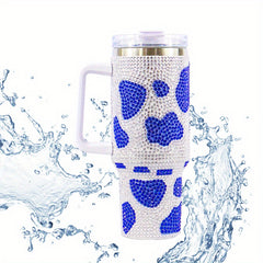 Cow Print Water Bottle 40oz Portable Glass Car Bottle Handle Straw Lid