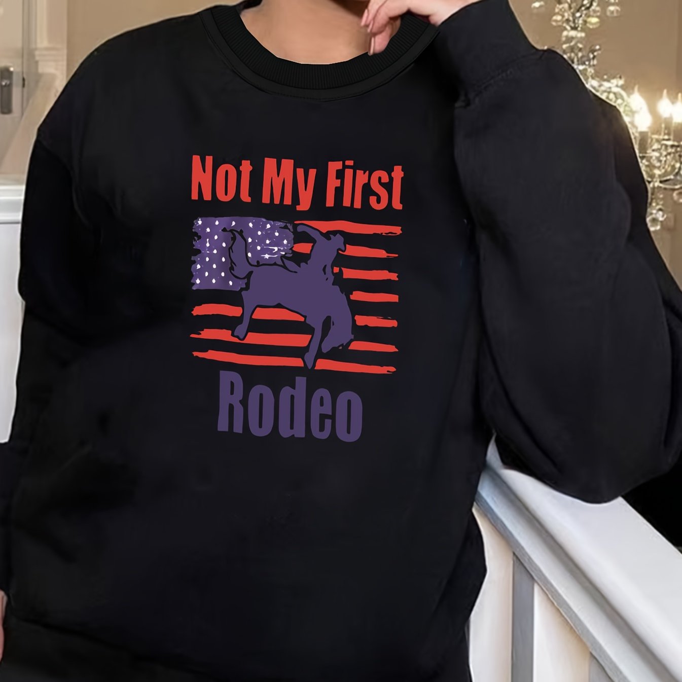 Retro Lounge Top Women's Plus Cowboy & Flag Print Long Sleeve