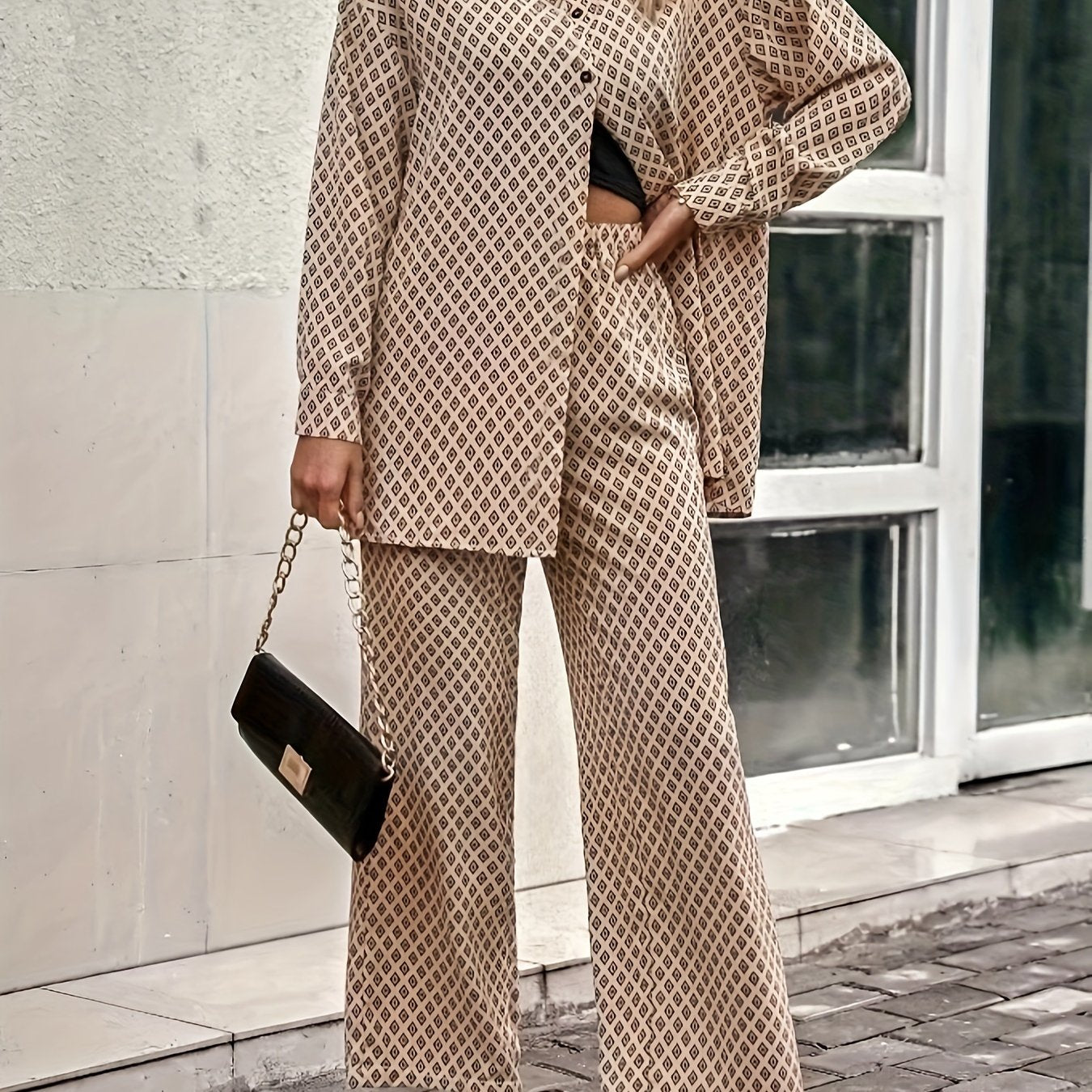 Women's Plus Print Long Sleeve Button Up Shirt & Pants Set