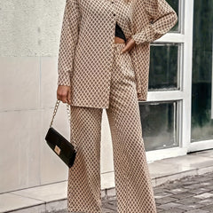 Women's Plus Print Long Sleeve Button Up Shirt & Pants Set