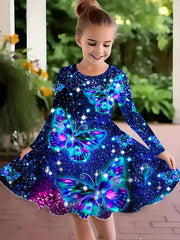 Girls Butterfly in Starry Sky Graphic Long Sleeve Dress