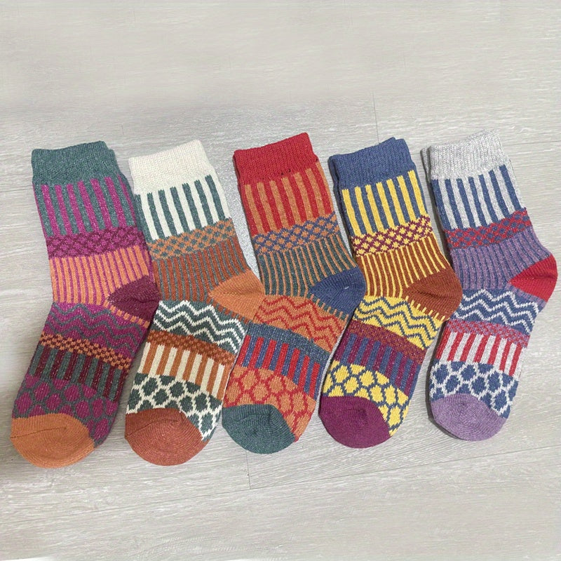 5 Pairs Geometric Pattern Colorblock Socks Women's Stockings
