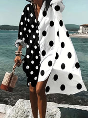 Colorblock Dot Print Long Sleeve Shirt Dress