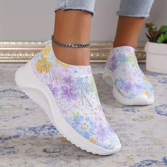 Women's Rhinestone Decor Sneakers Floral Print Slip On Shoes