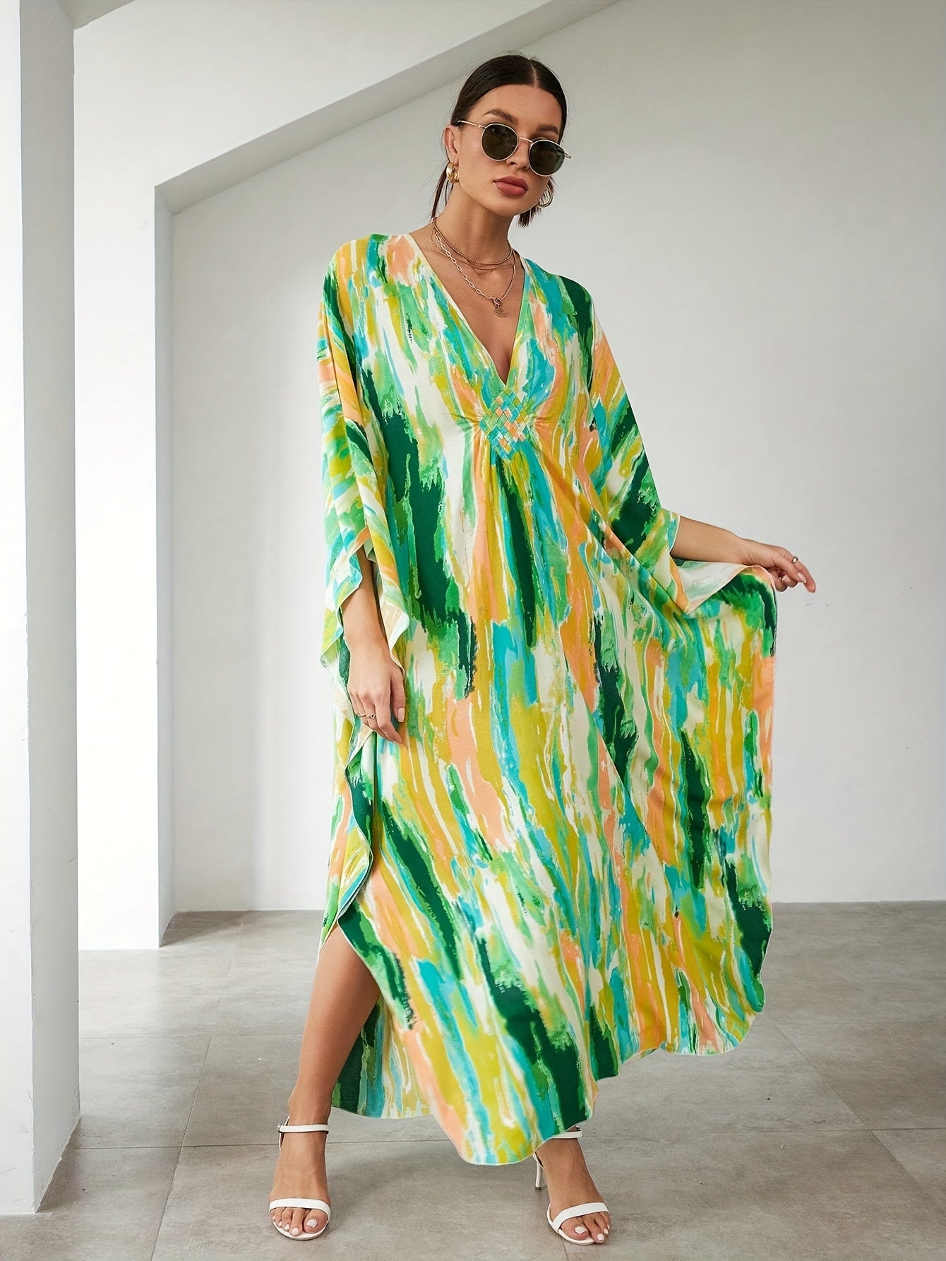 Boho Tie Dye Beach Cover Up Batwing Sleeves V Neck Split Loose Fit