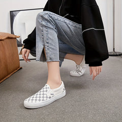 Women's Checkerboard Pattern Sneakers Slip On Low Top Canvas Shoes