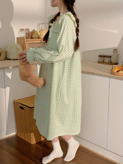 Plaid Print NightDress Ruffle Long Sleeve Crew Neck Pajama Dress