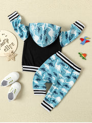 Boys Dinosaur Printed Hoodie & Pants Set Pop Casual Suit