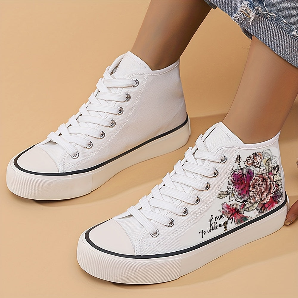 Women's Flower Graphic High Top Canvas Sneakers for Lightweight Flatform Comfort