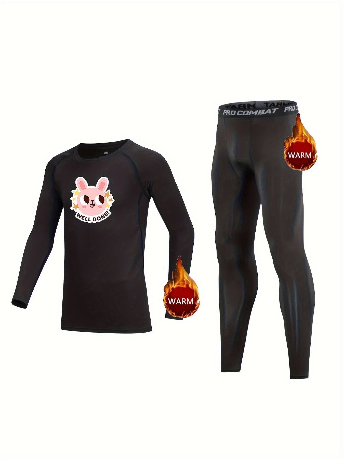 2pcs Kids Compression Fleece Sets - Cartoon Pattern Crew Neck Pullover & Elastic