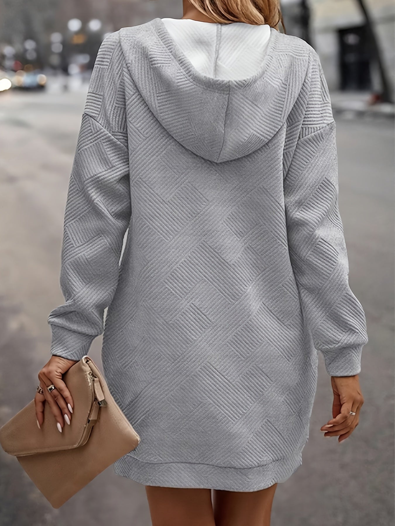 Solid Jacquard Hoodie Sweatshirt Dress