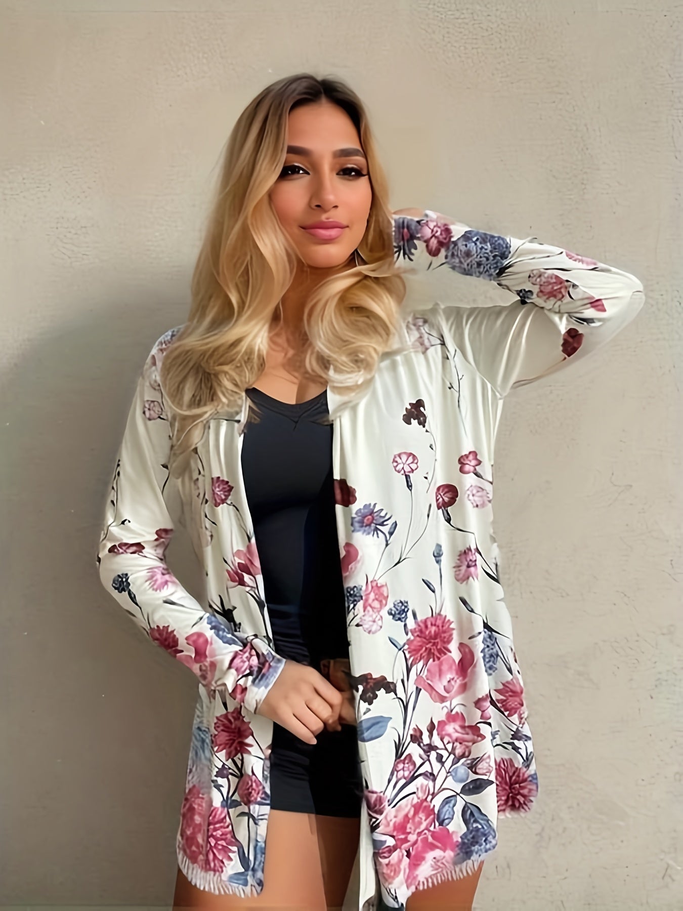 Floral Print Open Front Cardigan Long Sleeve Knit Outwear For Spring & Fall