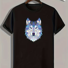 Geometric Wolf Print Men's Comfy T-shirt for Outdoor Summer