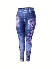 Floral & Denim Print Skinny Leggings