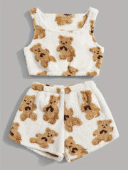 Bear Print Lounge Set Crew Neck Tank & Fuzzy Shorts Women's Loungewear