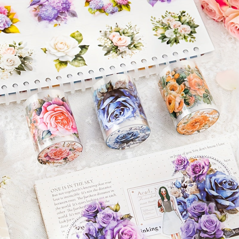Waterproof Rose & Sunflower Patterned PET Tape for Crafts & Decor, Cuttable