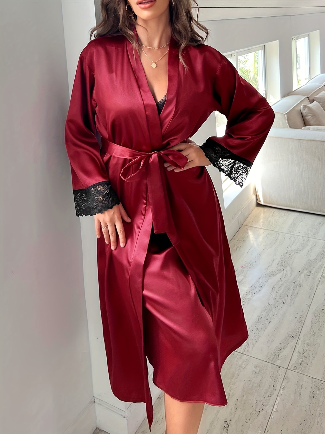 Lace Stitching Lounge Set Long Sleeve Robe & Slip Dress