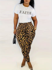 Women's Plus Leopard Letter Print Top & Leggings Set