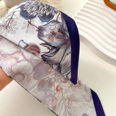 Purple Flower Print Skinny Scarf Vintage Long Ribbon Neckerchief