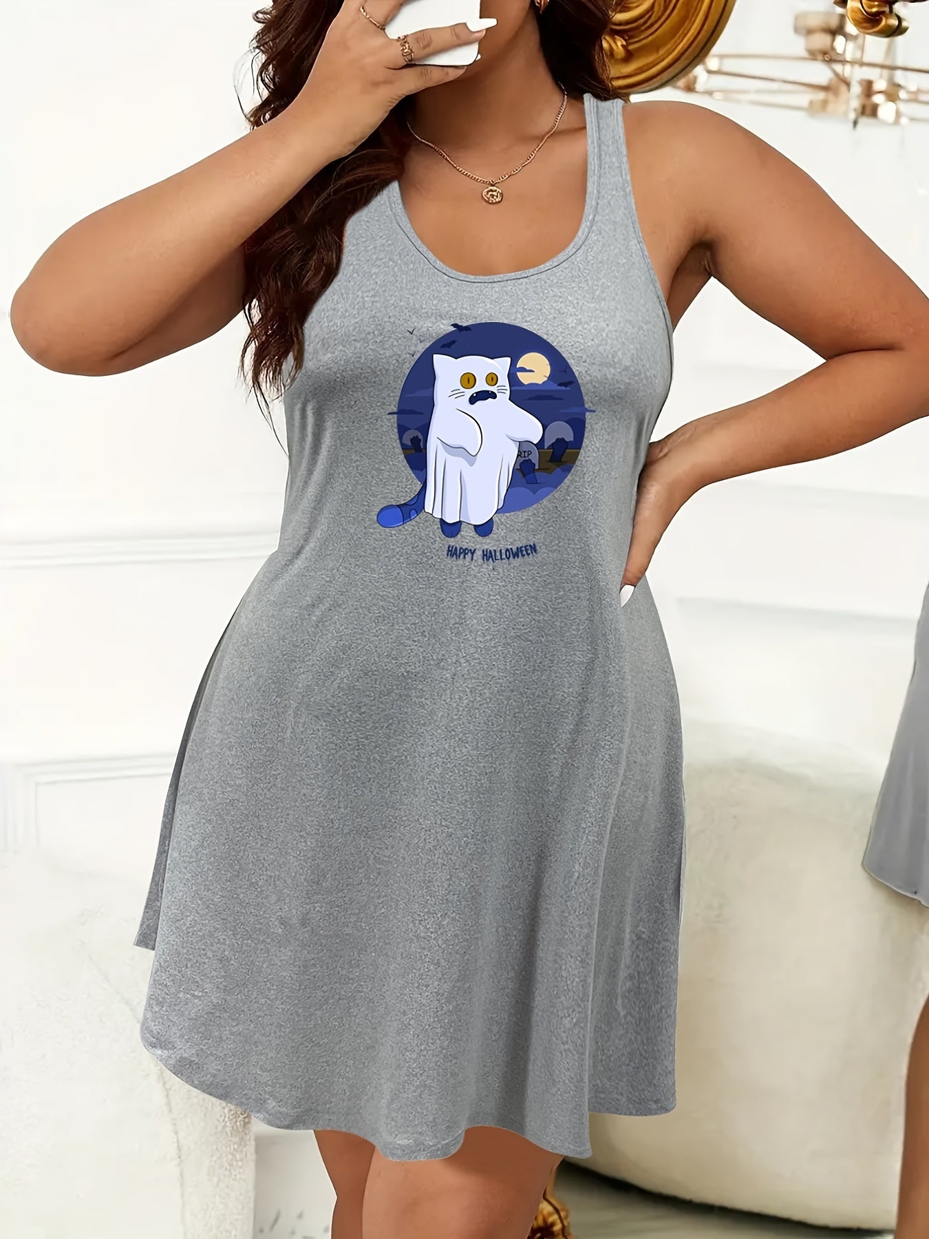 Halloween Cat Ghost Bat Print Tank Sleep Dress