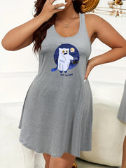 Halloween Cat Ghost Bat Print Tank Sleep Dress