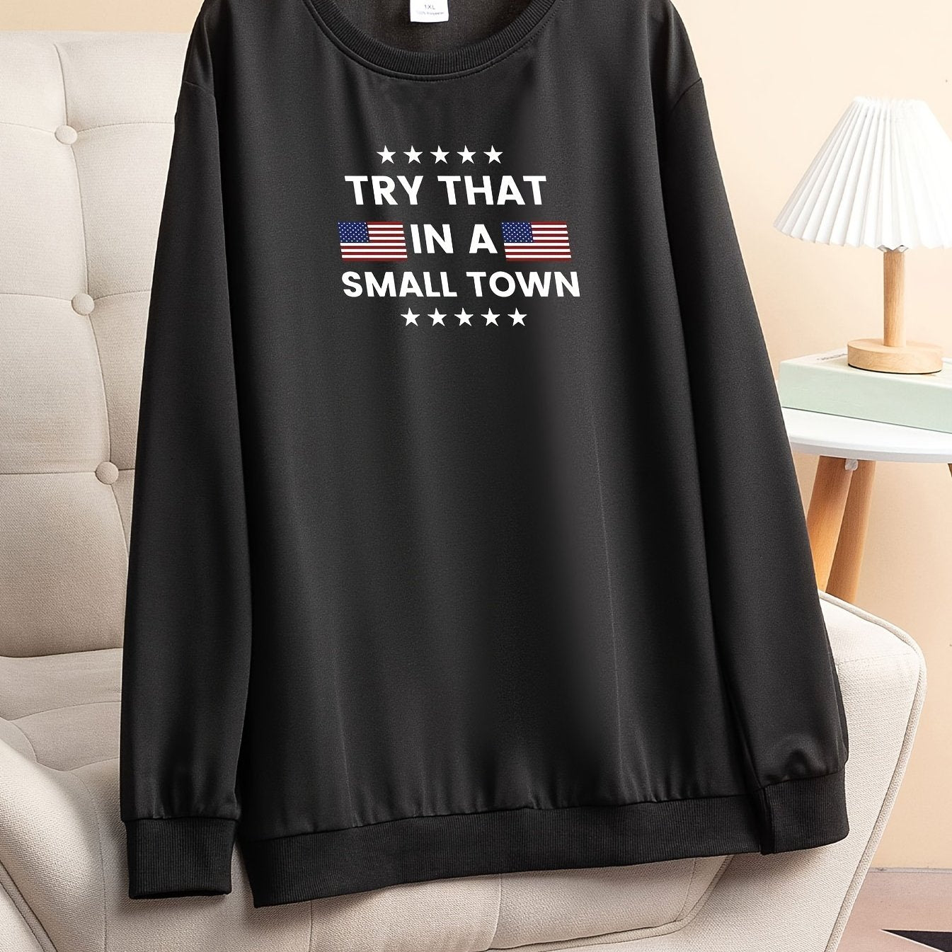 Women's Plus Flag & Letter Print Long Sleeve Round Neck Stretch Top