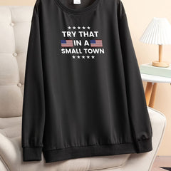 Women's Plus Flag & Letter Print Long Sleeve Round Neck Stretch Top