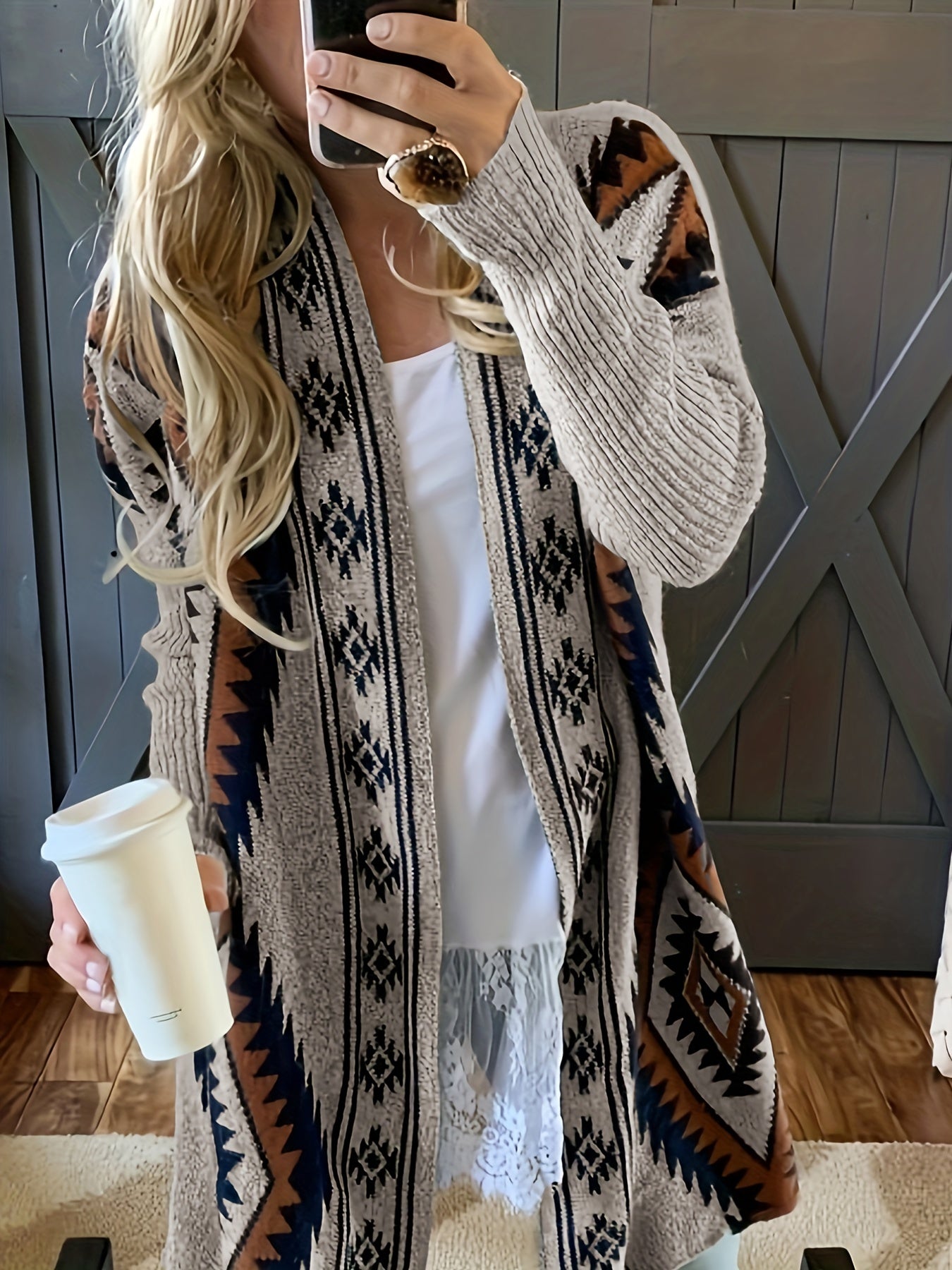 Ethnic Pattern Open Front Cardigan Casual Long Sleeve Mid Length Cardigan