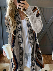 Ethnic Pattern Open Front Cardigan Casual Long Sleeve Mid Length Cardigan