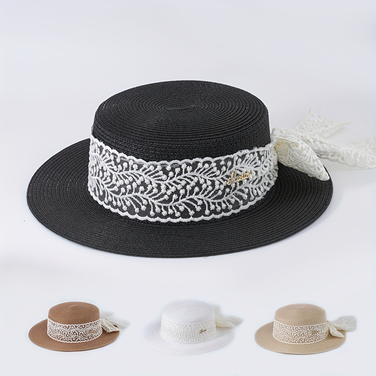 Lace Ribbon Bowknot Sun Hat Jazz Fedora Cap Straw Hat