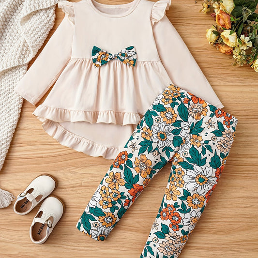 Toddler Girls Fall Outfit Bow Ruffle Shirt Floral Pants Suit