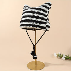 Harajuku Striped Knit Beanie Pom Pom Tassel Gothic Cap Cat Ears Hats