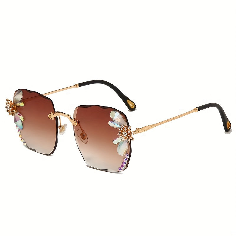 Square Rhinestone Sunglasses Gradient Rimless UV400