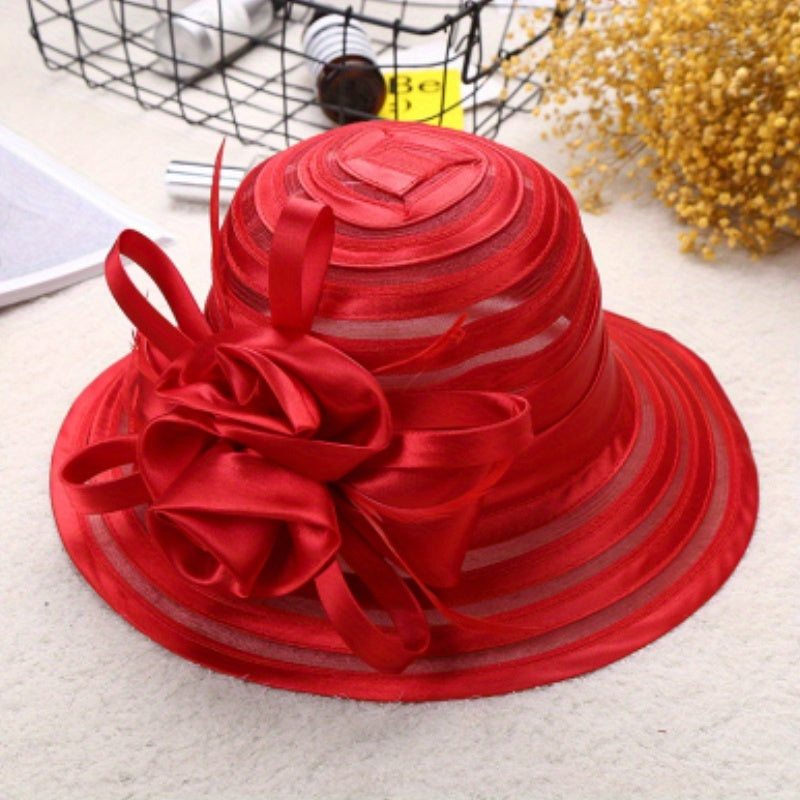 Mesh Breathable Organza Sun Hat Wide Brim Flower Decor UV Protection Bucket Hat