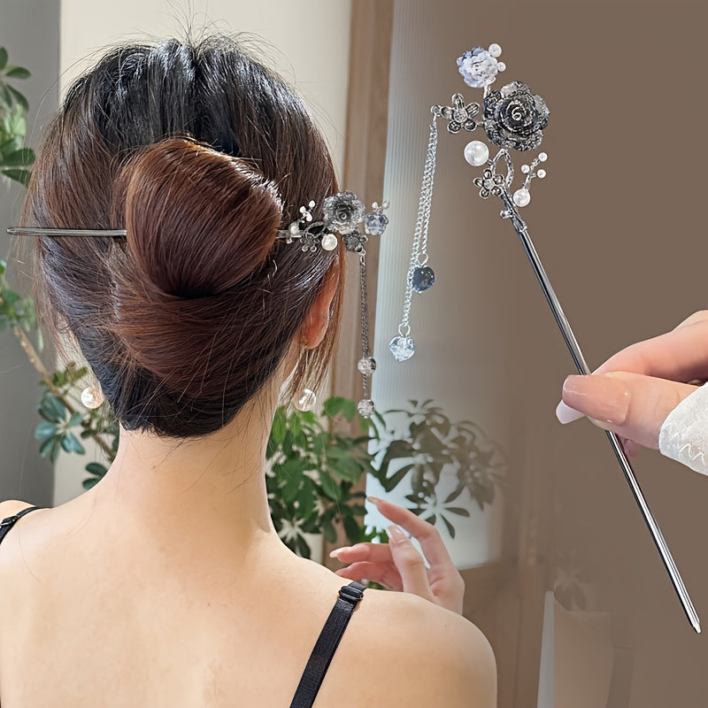 Vintage Ink Style Flower Hairpin with Tassel for Women Girls