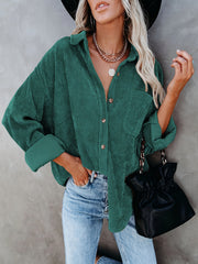 Solid Corduroy Button Up Long Sleeve Collar Shirt