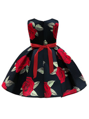 Girls Princess Dress Floral Print Bow Pageant Gown Christmas Birthday Party
