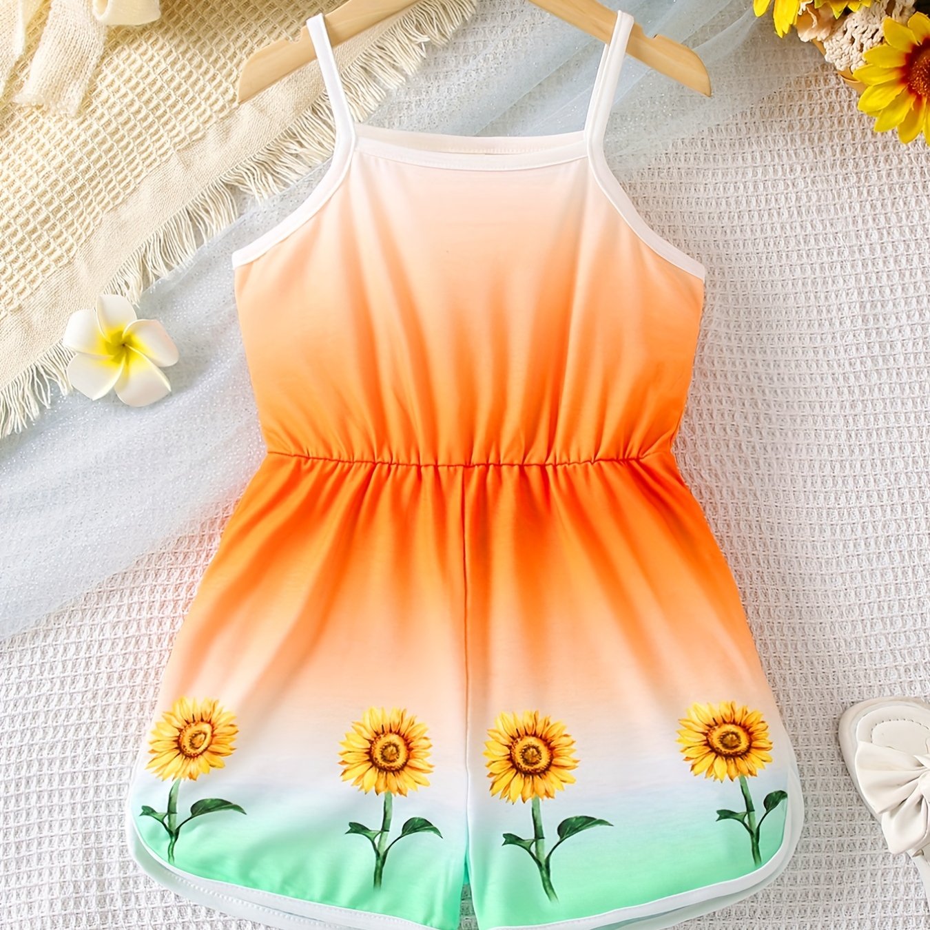 Girls Sunflower Vacation Style Cami Romper Jumpsuit