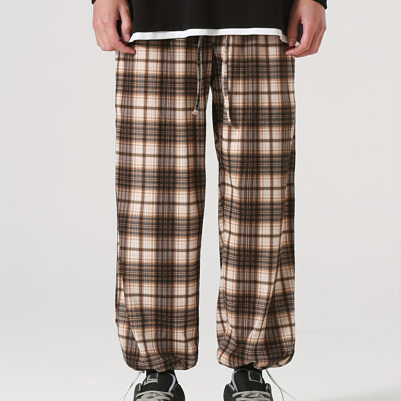Men's Plaid Drawstring Pants Loose Casual Joggers
