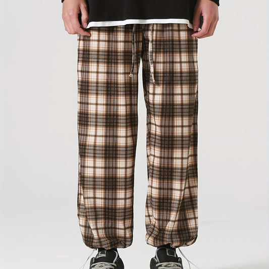 Men's Plaid Drawstring Pants Loose Casual Joggers