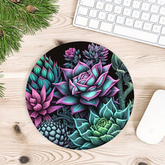 Stylish Succulent Plant Round Mouse Pad Non Slip Rubber Base Small Size